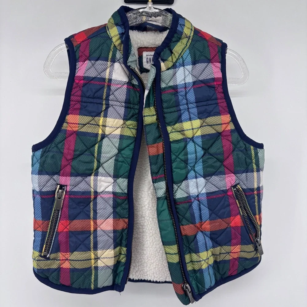 Baby GAP Plaid Quilted Vest Sherpa Lined Full Zip Warm Winter Layering‎